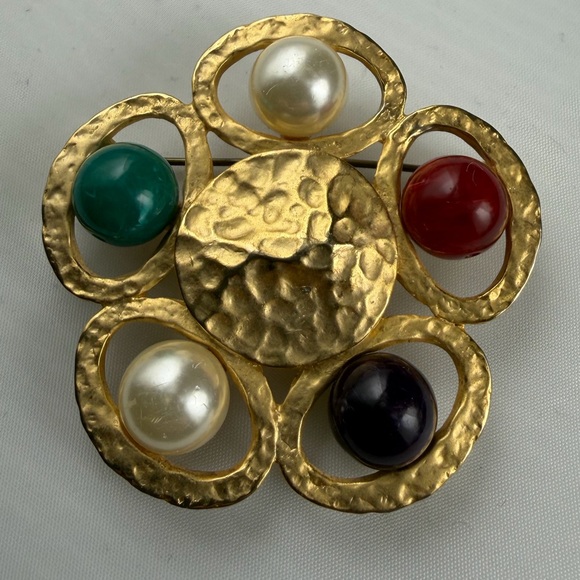 Vintage Cabochon Brooch Pin Gold Tone Red Green Blue Statement - Picture 6 of 6